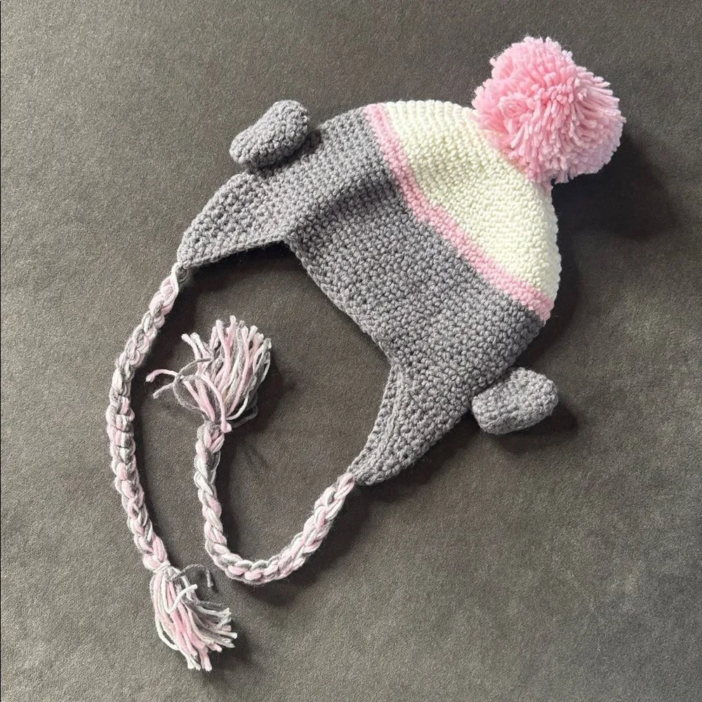 Daisy Baby Sock Monkey Beanie Hat Gray with Pink Pom 8-Preteen Photography NEW